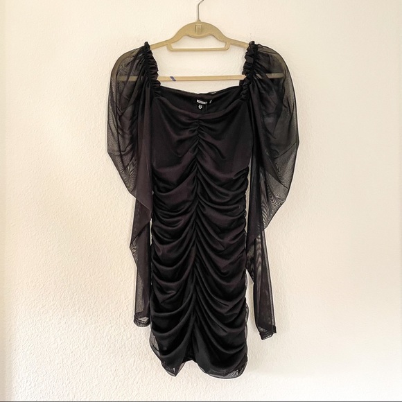 Missguided Black Mesh Ruched Long Sleeve Mini Dress - Picture 5 of 7